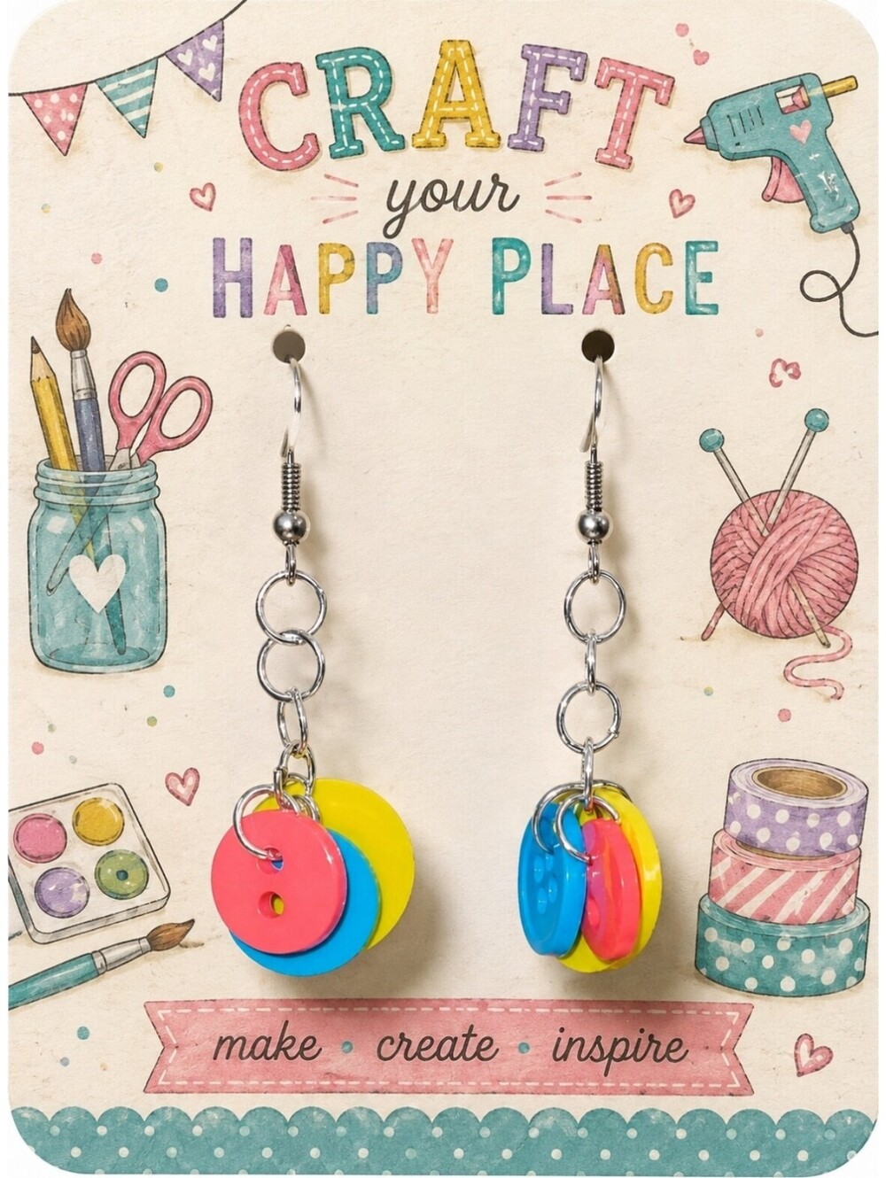 Colorful Fun Rainbow Button Hypoallergenic Dangle Drop Earrings